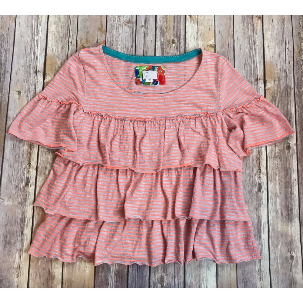 Anthropologie Womens Postmark Striped Tiered Ruffle Top Sz M Orange Stretch